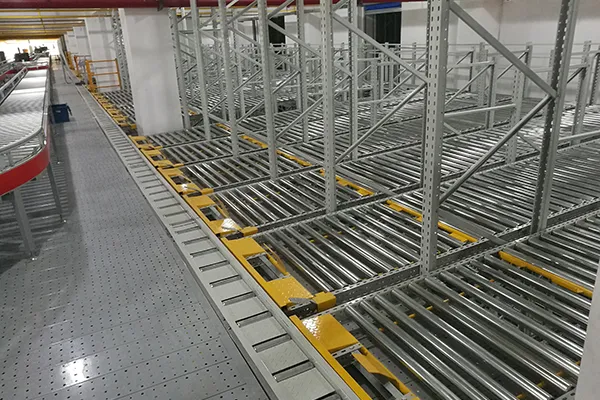 Gravity flow racks in warehouse