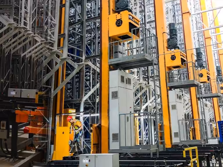 Modern warehouse automation system featuring an ASRS stacker crane operating inside a high-density automated warehouse for intelligent pallet storage and retrieval.
