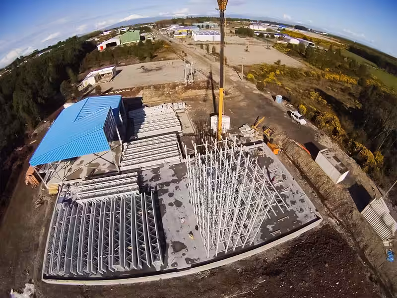 Large scale rack supported building project overview during construction