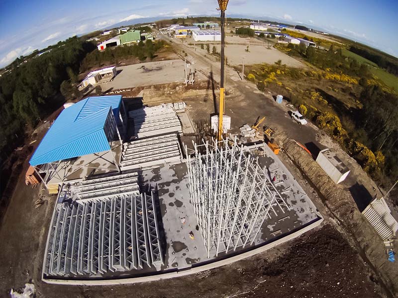 Large scale rack supported building project overview during construction