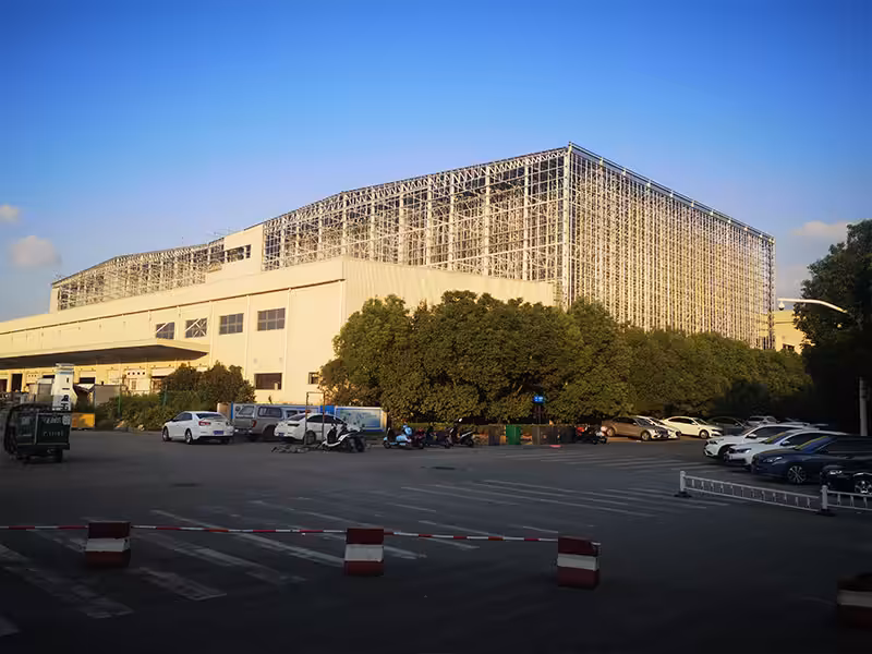 Completed rack supported warehouse in operation showing finished exterior structure