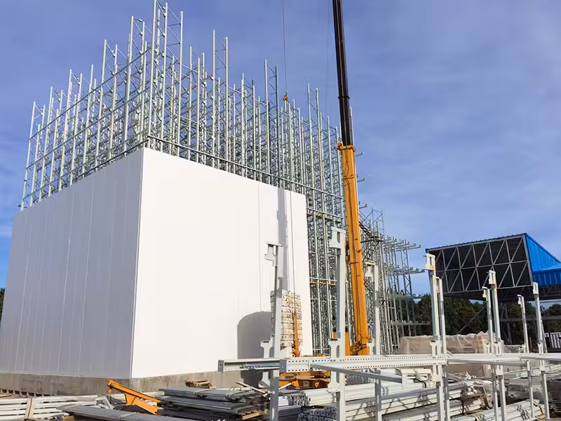 Rack supported warehouse under construction with external wall panel installation in progress
