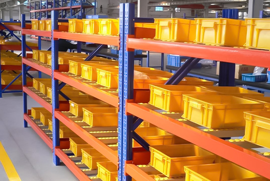 Carton flow rack with plastic bins and carton storage lanes