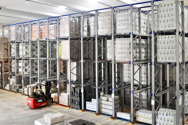 Drive-in pallet racking system for high-density pallet storage.