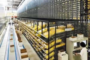 Carton flow rack system with bins and cartons for FIFO warehouse picking