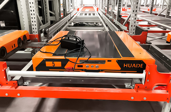 Four way pallet shuttle moving pallets in multiple directions inside an automated warehouse racking system