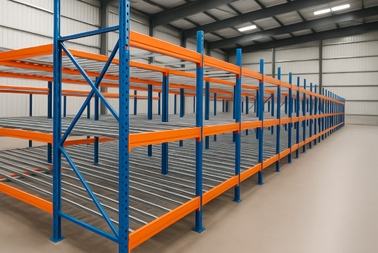 Pallet flow rack structure showing inclined roller tracks and braking system
