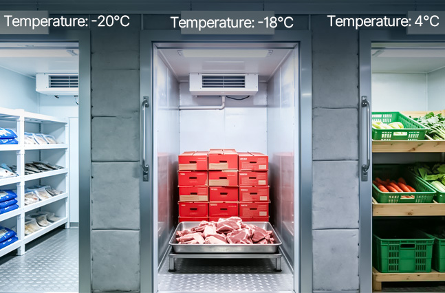 Cold storage temperature zones for chilled, frozen, and deep-freeze storage
