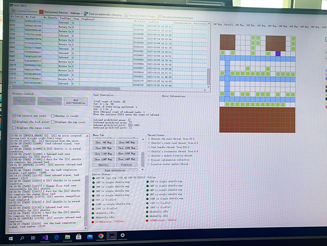 WCS interface displayed on a computer for AS/RS warehouse control