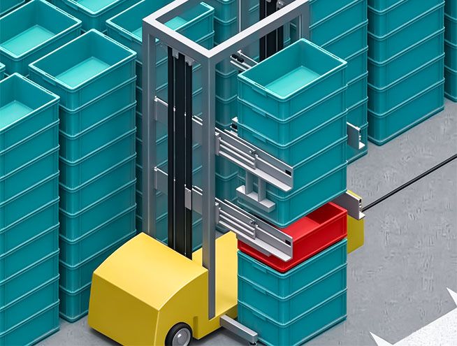 Autonomous tote storage robot retrieving totes from floor-stacked storage without fixed racks or guide rails.