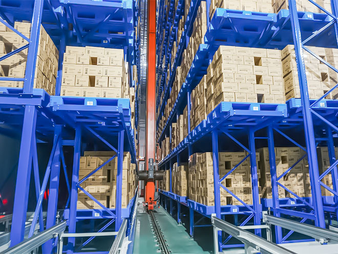 ASRS stacker crane and high-bay racking in an ice cream cold storage warehouse
