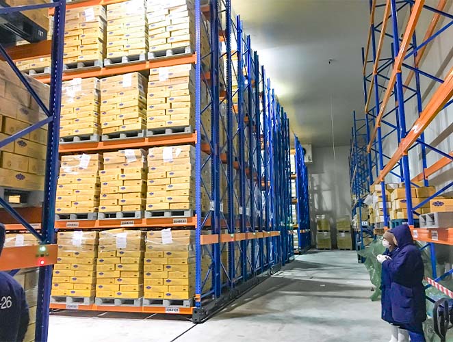 Electric mobile racking installed in a cold storage warehouse for high-density pallet storage.