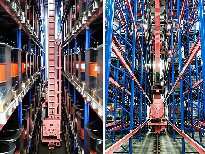 Explosion-proof automated stacker and ASRS crane with high-bay racking for automated warehouse storage and retrieval