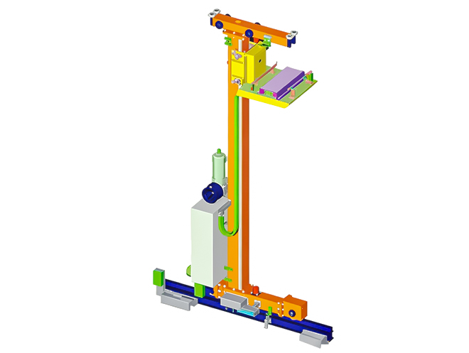 3D model of a single-column stacker crane for automated warehouse storage and retrieval