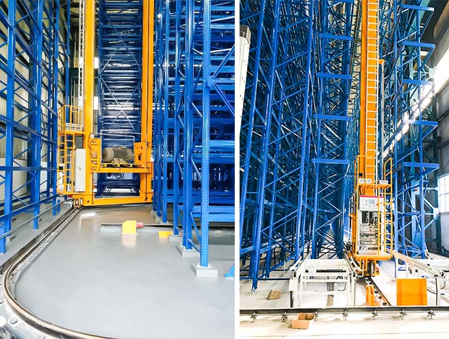 Stacker crane with a curved transfer rail in a HUAYIDE steel industry automated warehouse