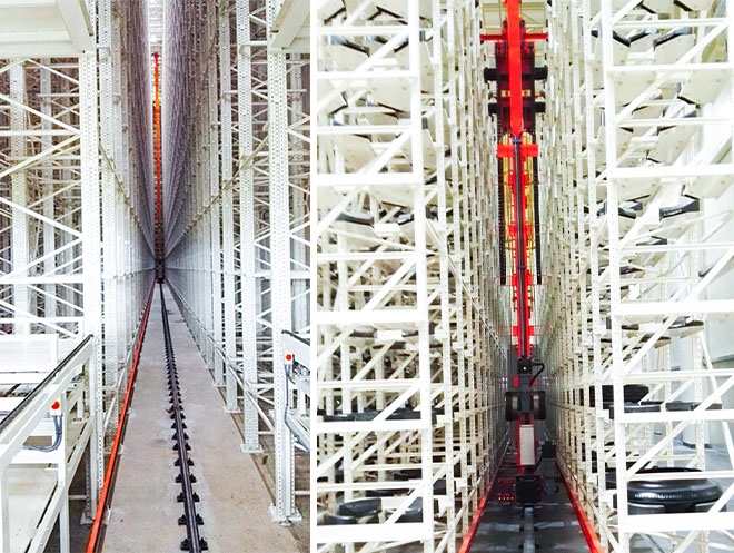 Ultra-high automated stacker and ASRS crane in a high-bay automated warehouse for tire storage