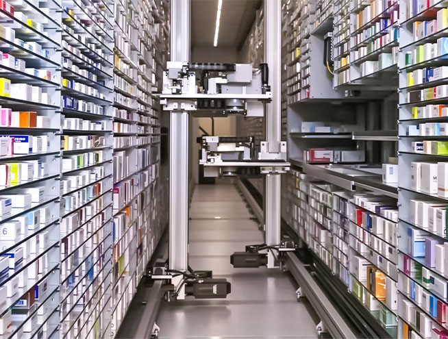 Compact Ultra-Mini tote storage system for automated storage and retrieval of small items in high-density storage locations.