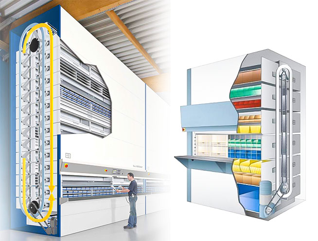 3D model of a vertical carousel storage system with vertically arranged rotating compartments for totes and small items.